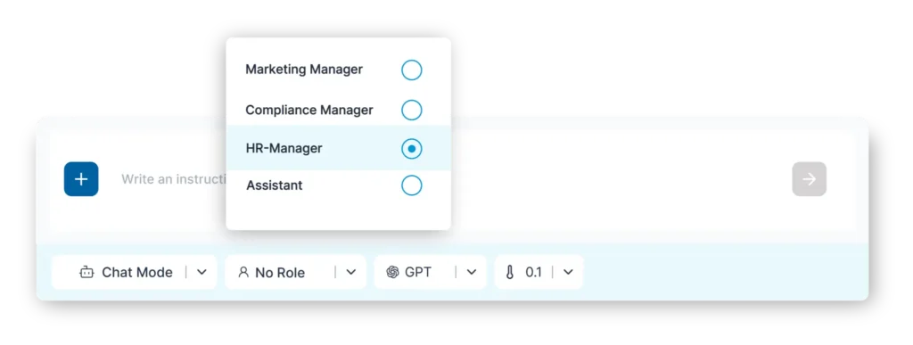 Graphic of the 506 CompanyGPT interface showing the role selection. The 'HR Manager' role is selected.