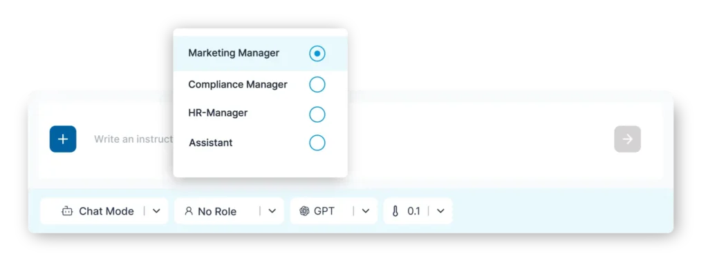 Graphic of the 506. CompanyGPT interface showing the role selection. The 'Marketing Manager' role is selected.