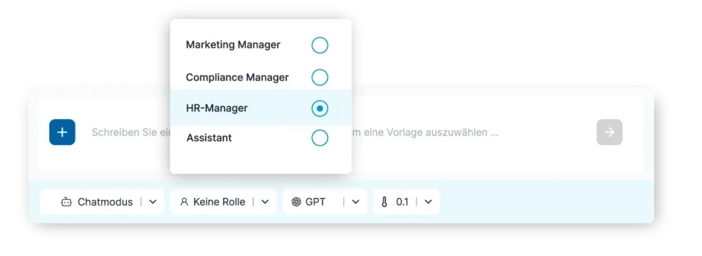 Grafik der 506 CompanyGPT Oberfläche, die die Auswahl der Rolle zeigt. Die Rolle "HR Manager" ist ausgewählt