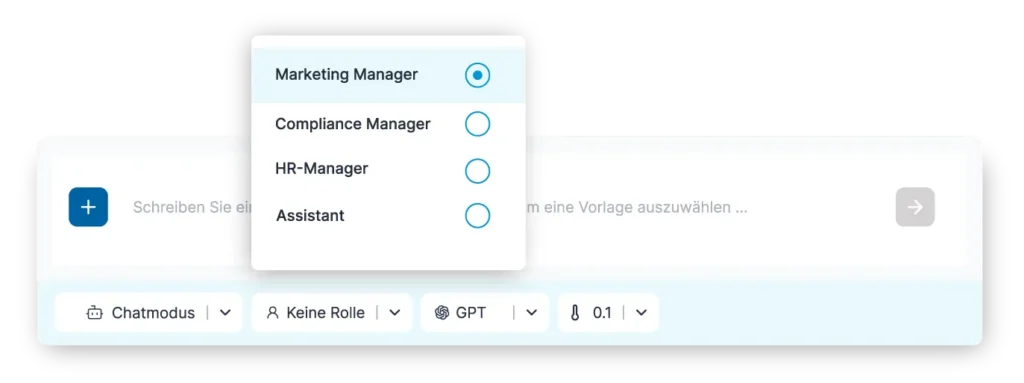 Grafik der 506 CompanyGPT Oberfläche, die die Auswahl der Rolle zeigt. Die Rolle "Marketing Manager" ist ausgewählt.