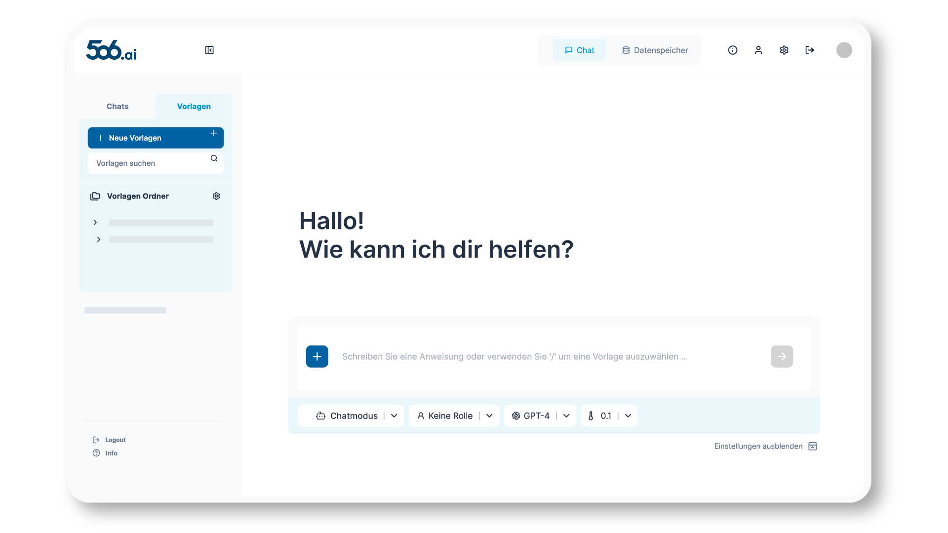 Grafik der 506 CompanyGPT Oberfläche. Sie zeigt die Chat- und Vorlagenansicht, in der Benutzer eine neue Vorlage erstellen oder auswählen können. Es gibt Optionen zur Auswahl des Chatmodus, der Rolle, des Modells und der Temperatur.