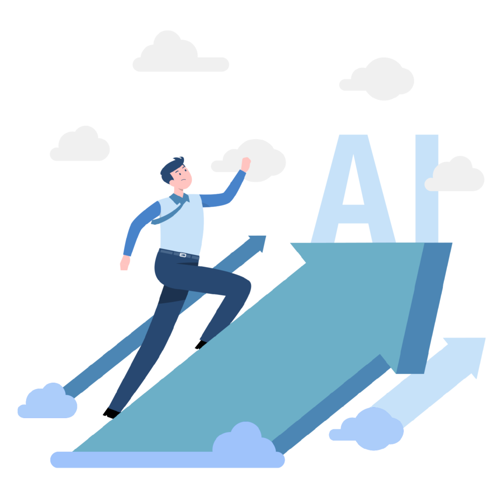 Illustration of a man running up an upward-pointing arrow ramp leading to large letters 'AI'