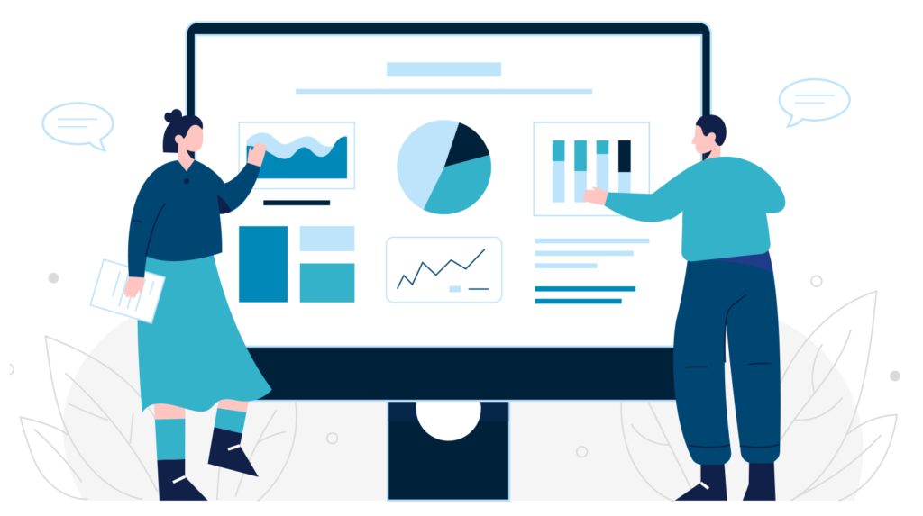 Illustration of two people standing in front of a large screen with charts, graphs, and statistics, engaged in discussion.