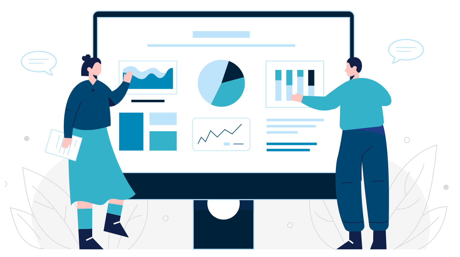 Illustration von zwei Personen, die vor einem großen Bildschirm mit Diagrammen, Grafiken und Statistiken stehen und diskutieren.