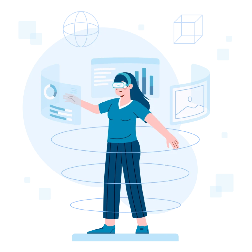 Illustration einer Frau mit AR/VR-Brille, die von digitalen Datenanzeigen und Visualisierungen umgeben ist – symbolisiert die strukturierte Einführung und Umsetzung von KI-Lösungen mit der 506 Plattform CompanyGPT zur erfolgreichen Integration in Unternehmensprozesse.
