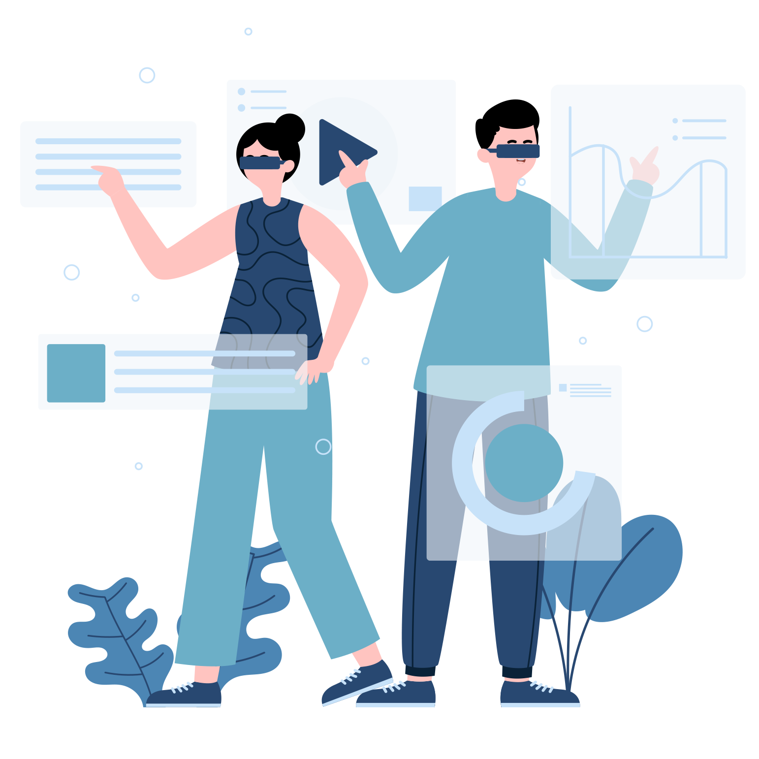 Illustration of two people wearing VR headsets, working in a virtual environment with data visualizations and tracking elements.