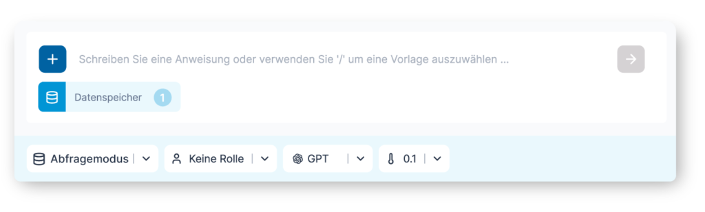 Grafik, die den Abfragemodus in der 506 CompanyGPT Eingabezeile zeigt. Mit diesem Modus können Benutzer auf gesamte Datenspeicher ihres Unternehmens zugreifen, um große Datenmengen effizient zu befragen.
