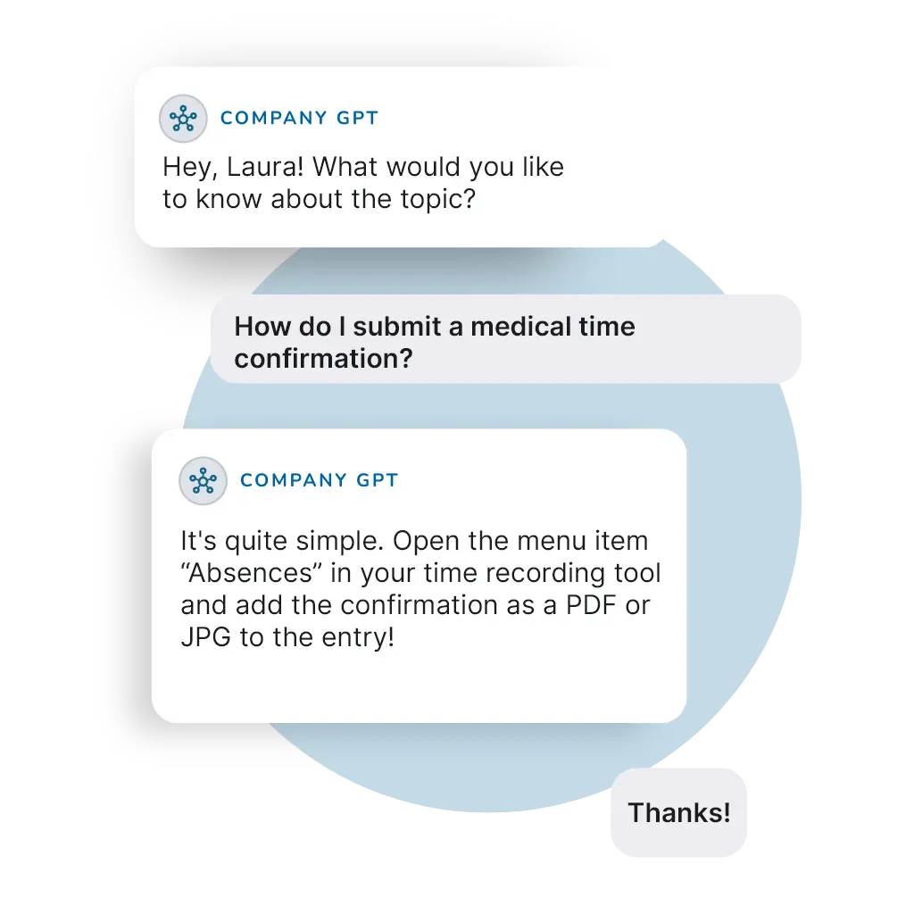 Graphic showing an example chat in the hAPPydo app, where CompanyGPT is integrated. The employee asks how to submit a doctor's note, and CompanyGPT explains how to add it via the 'Absences' section in the time tracking tool as a PDF or JPG. This interaction demonstrates how employees can access company knowledge anytime and anywhere, ensuring efficiency and quick access to important information.