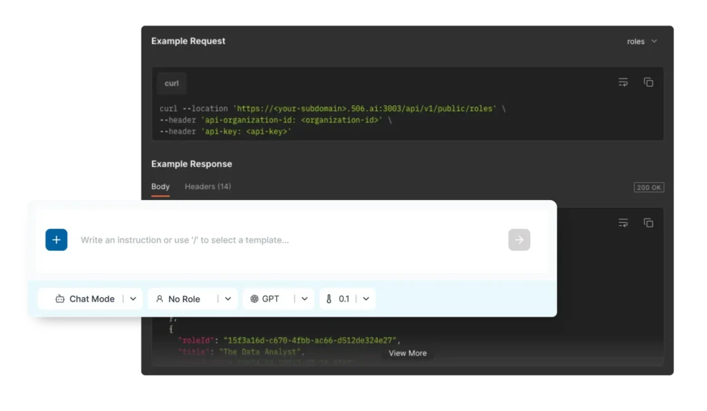 Graphic showing the easy integration of the 506 CompanyGPT API. The image displays the API request and response in a code window, while the CompanyGPT chat input line is shown. The graphic highlights how flexibly the API can be integrated into systems to develop custom applications and efficiently automate business processes.