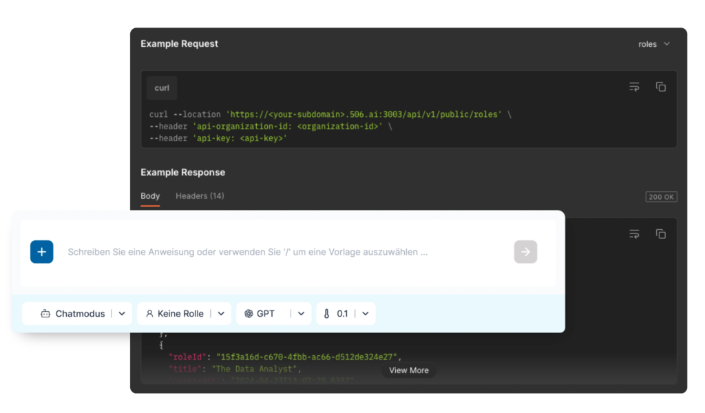 Grafik, die die einfache Integration der 506 CompanyGPT API zeigt. Auf dem Bild sind die API-Anfrage und die Antwort in einem Code-Fenster sichtbar, während die CompanyGPT Chat Eingabezeile dargestellt wird. Die Grafik verdeutlicht, wie flexibel die API in Systeme integriert werden kann, um maßgeschneiderte Anwendungen zu entwickeln und Geschäftsprozesse effizient zu automatisieren.