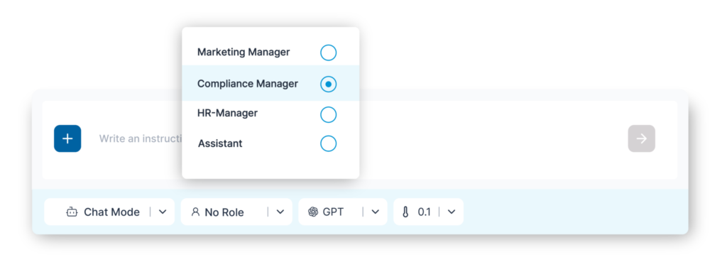 Graphic of the 506 CompanyGPT interface showing the selection of roles or assistants. The 'Compliance Manager' role is selected, with additional options such as Marketing Manager, HR Manager, and Assistant