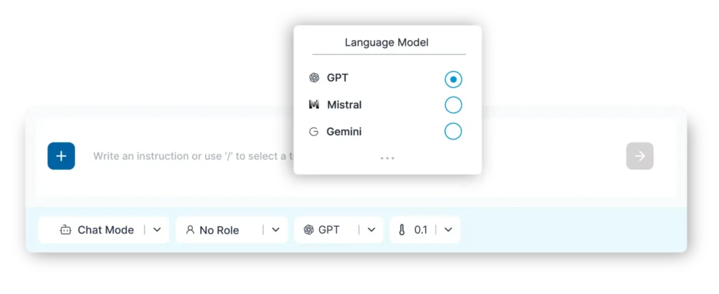 Graphic of the 506 CompanyGPT interface showing the selection of the language model in the chat input line. Users can choose between different models such as GPT-4, Mistral, and Gemini Flash.