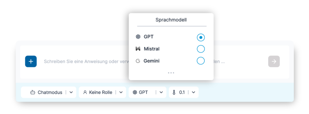 Grafik der 506 CompanyGPT Oberfläche, die die Auswahl des Sprachmodells in der Chat-Eingabezeile zeigt. Benutzer können zwischen verschiedenen Modellen wie GPT, Mistral und Gemini wählen.